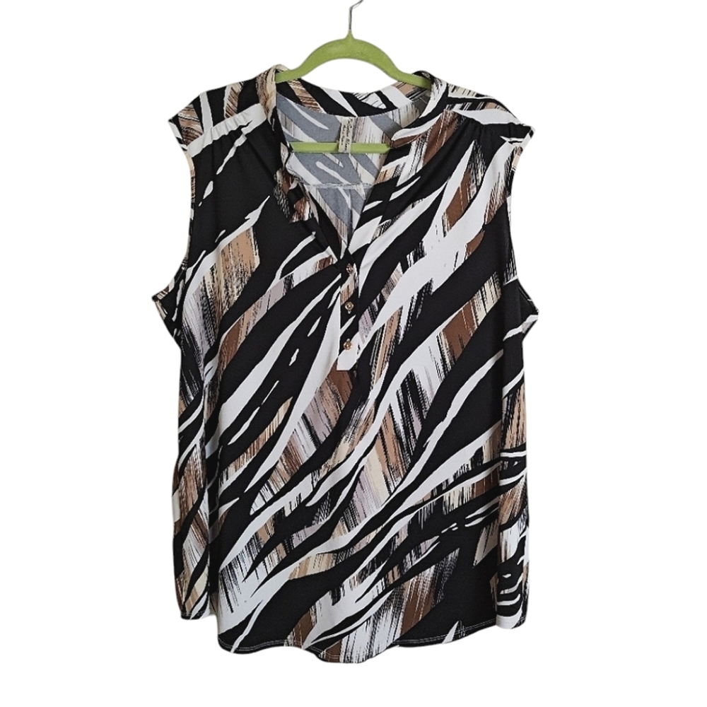 Women's Mixed Pattern V-neck Gold Button Sleeveless Blouse Brown Black White 1X